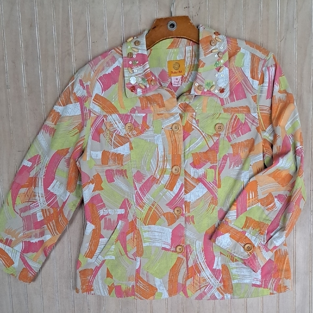 Ruby Rd. Abstract Embellished Collar Art Paint Strocks Button Down Pocket Jacket